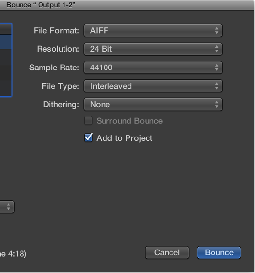 Figure. PCM options in the Bounce window.