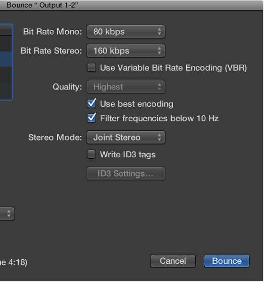 Figure. MP3 options in the Bounce window.