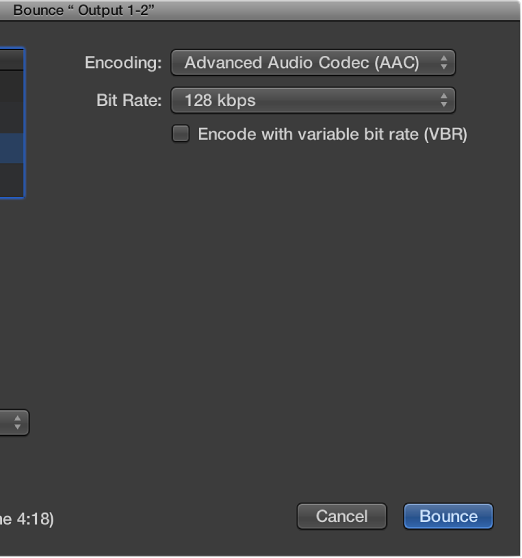 Figure. M4A AAC Format options in the Bounce window.