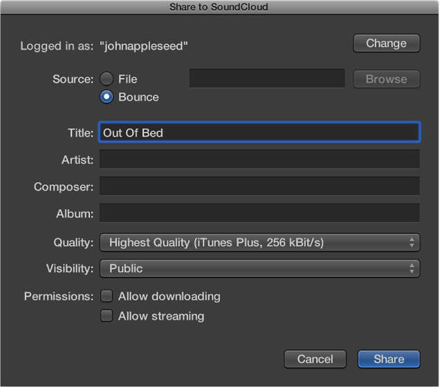 Figure. Share to SoundCloud dialog.