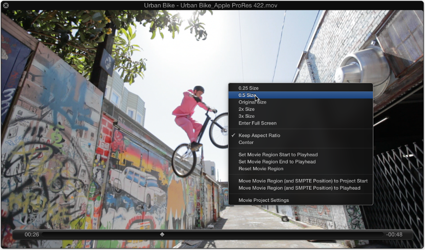 Figure. Movie window showing image formats in the shortcut menu.
