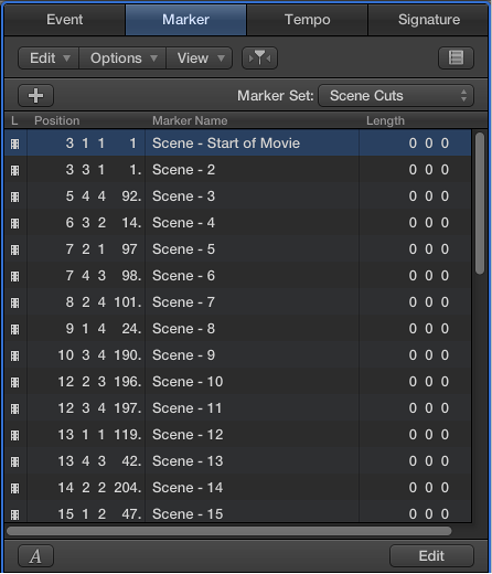 Figure. Marker List showing movie scene markers.