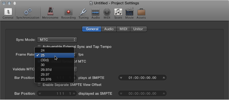 Figure. Synchronization project settings showing Frame Rate pop-up menu.