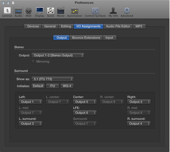 Figure. I/O Assignments pane in Audio preferences.