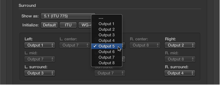 Figure. Output pop-up menu in Surround preferences.