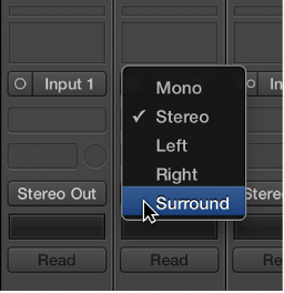 Figure. Input format pop-up menu on channel strip.