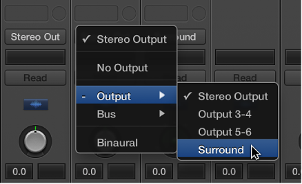 Figure. Choosing Surround from Output pop-up menu on channel strip.
