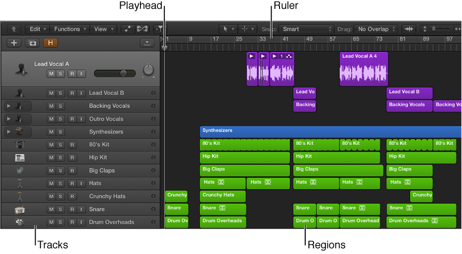 Figure. Tracks area, showing tracks and regions, the playhead, and the ruler.