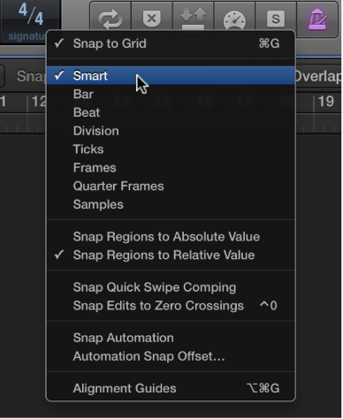 Figure. The Snap pop-up menu for the Tracks area.