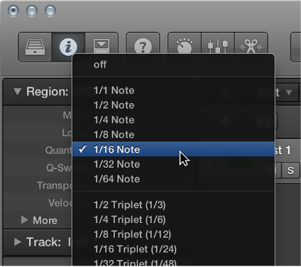 Figure. The Quantize pop-up menu in the Region inspector.