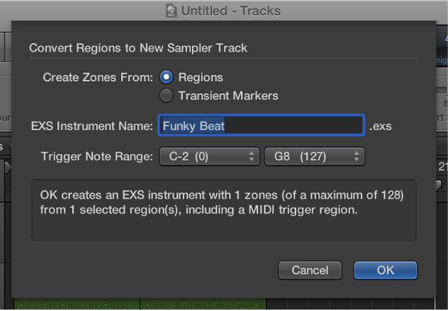 Figure. Convert Regions to New Sampler Track dialog.