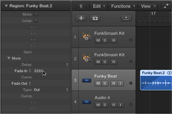 Figure. Fade In parameter in the Region inspector, also reflected in Arrange area.