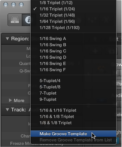Figure. Make Groove Template selected in the Quantize pop-up menu.