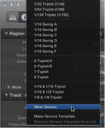 Figure. The default groove template name selected in the Quantize pop-up menu.
