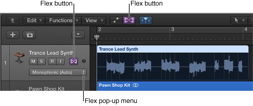 Figure. Flex button and Flex pop-up menu in an audio track header.
