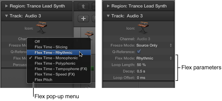 Figure. Track inspector showing Flex algorithms and parameters.