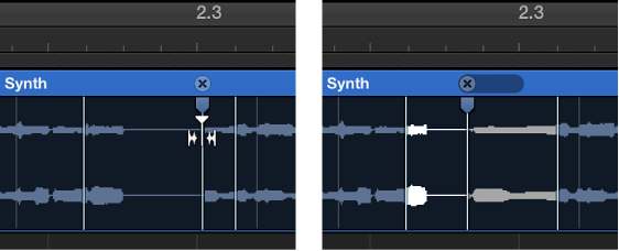 Figure. Two audio regions showing the region before and after a flex marker is moved to the left.