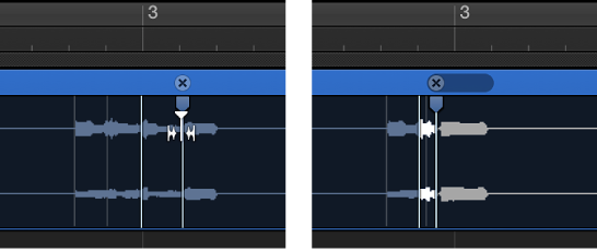 Figure. Two audio regions showing the region before and after a flex marker is moved to the left and overlaps the previous flex marker.