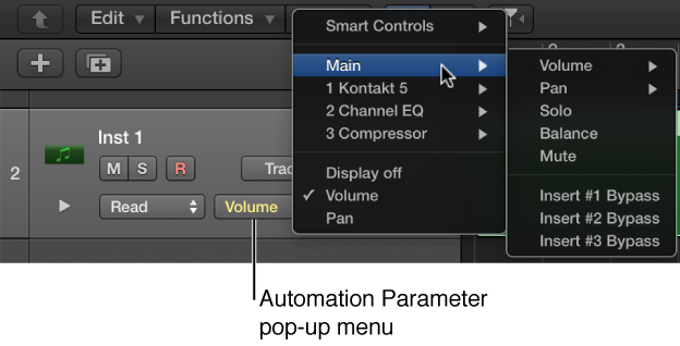Figure. Showing the Automation Parameter pop-up menu open.