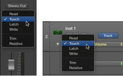 Figure. Side-by-side of the Automation Mode pop-up menu in the channel strip and track header.
