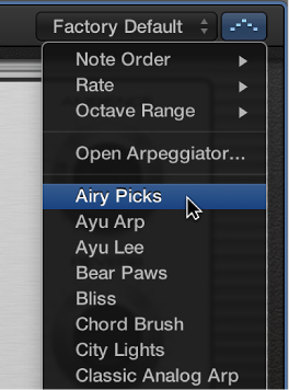 Figure. Arpeggiator pop-up menu in the Smart Controls menu bar.