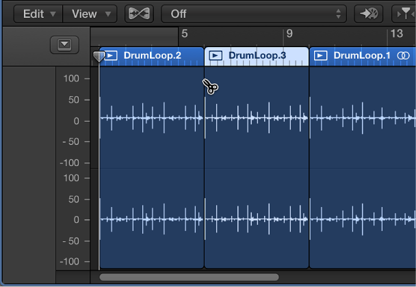 Figure. Splitting region in the Audio Editor using the Scissors tool.