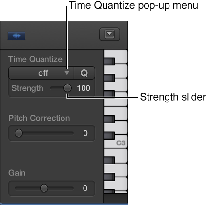 Figure. Time Quantize pop-up menu and Strength slider.