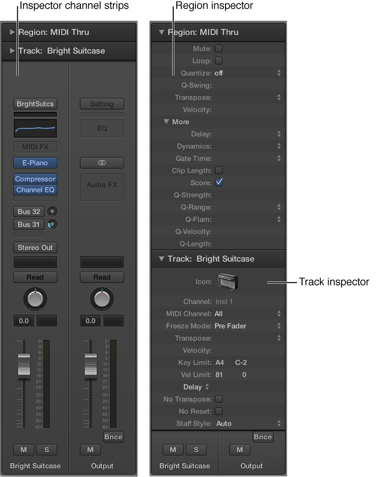 Figure. The inspector, showing the Region inspector, Track inspector, and inspector channel strips.