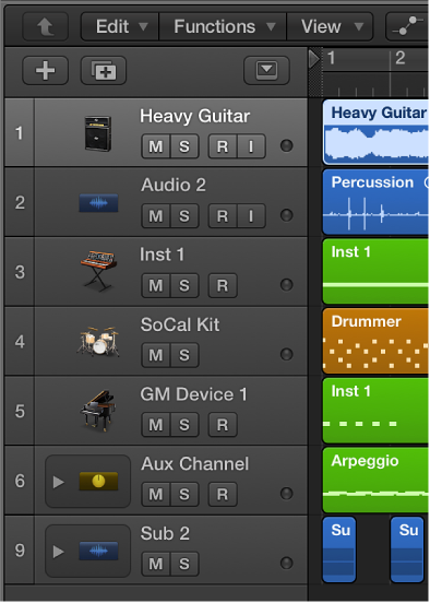 Figure. Different track types in the Tracks area.