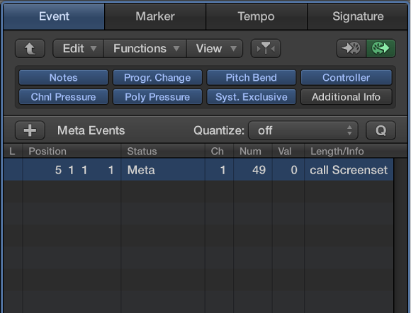 Figure. Event List showing screenset meta event.
