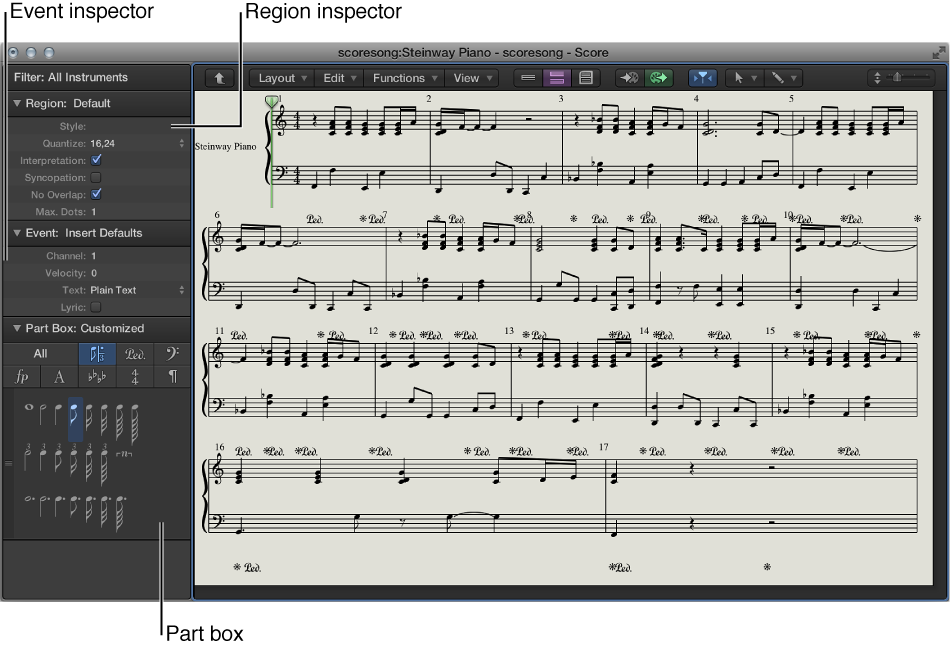 Figure. Event Parameter box, Display Parameter box, and Part box in the Inspector.