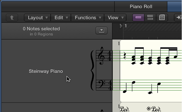 Figure. Instrument name and all regions for instrument track selected in the Score Editor.