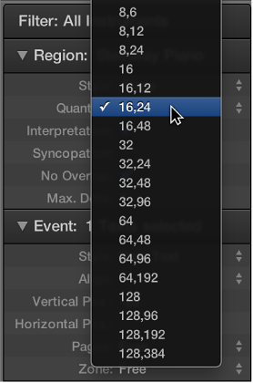 Figure. Display quantization parameters in the Quantize pop-up menu.