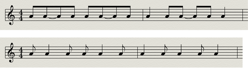 Figure. Syncopation disabled and enabled in the Score Editor.