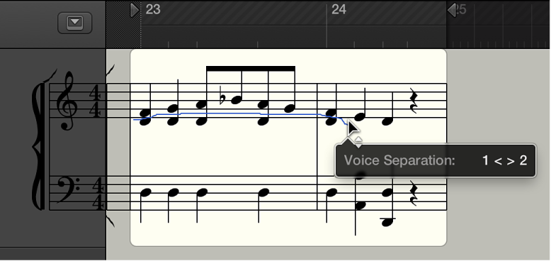 Figure. Voice Separation tool between two notes in the Score Editor.