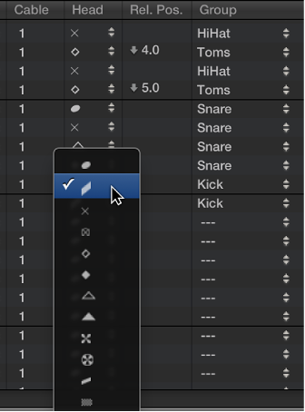 Figure. Head pop-up menu in the Mapped Instrument window.