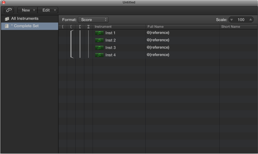 Figure Instrument column in the Score Set window.