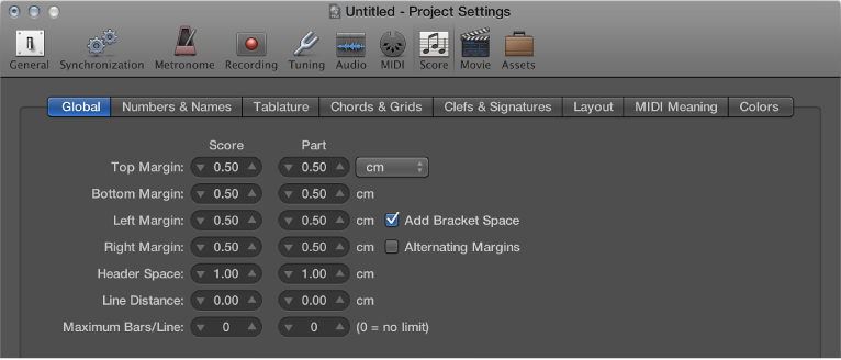 Figure. Global pane in the Score project settings.
