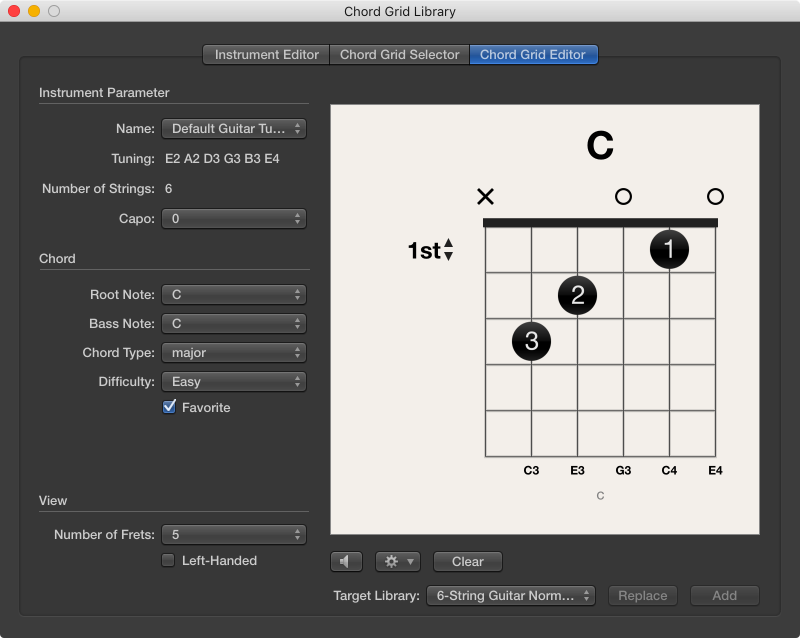 Figure. Chord Grid Editor pane in the Chord Grid Library window.