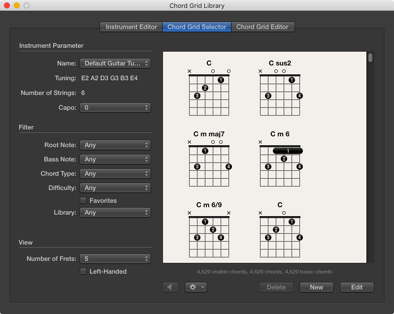 Figure. Chord Grid Selector pane in the Chord Grid Library window.