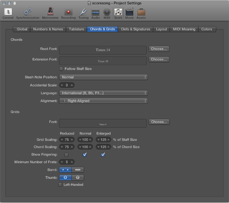 Figure. Chords and Grids pane in the Score project settings.