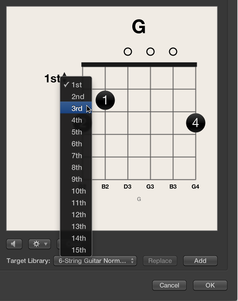 Figure. Choosing a fret number from the pop-up menu.