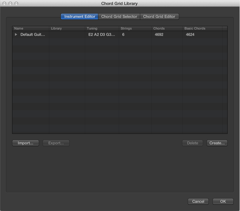 Figure. Instrument Editor pane in Chord Grid Library window.