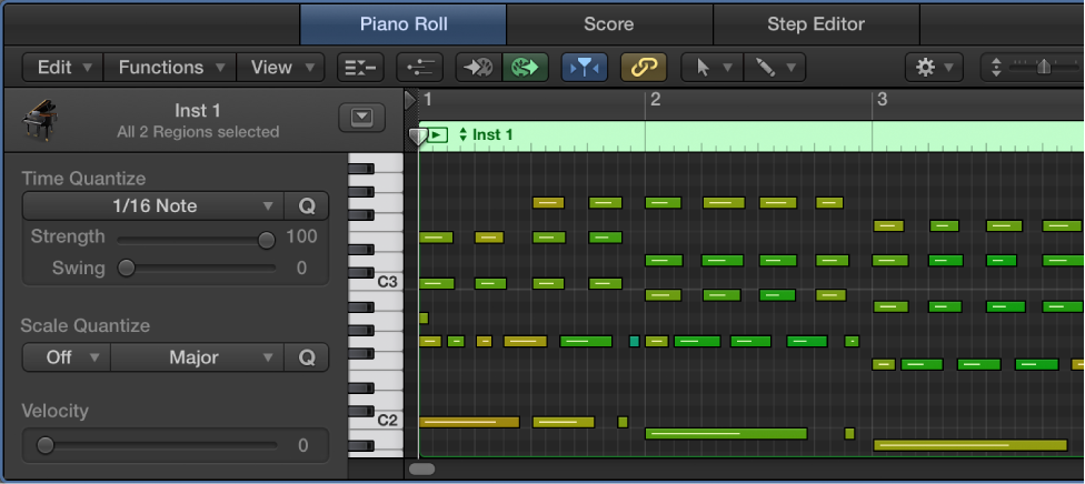 Figure. Quantizing notes in the Piano Roll Editor.