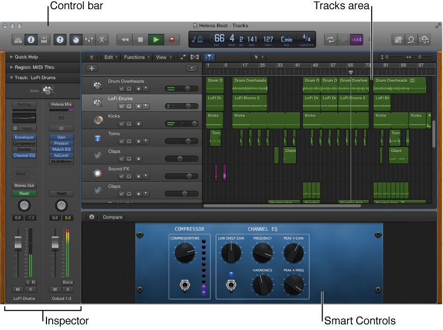 Figure. Logic Pro main window with main working areas.