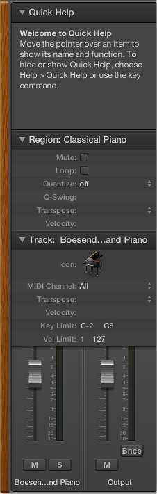Figure. The inspector, showing the Quick Help area, the Region inspector, Track inspector, and Inspector channel strips.
