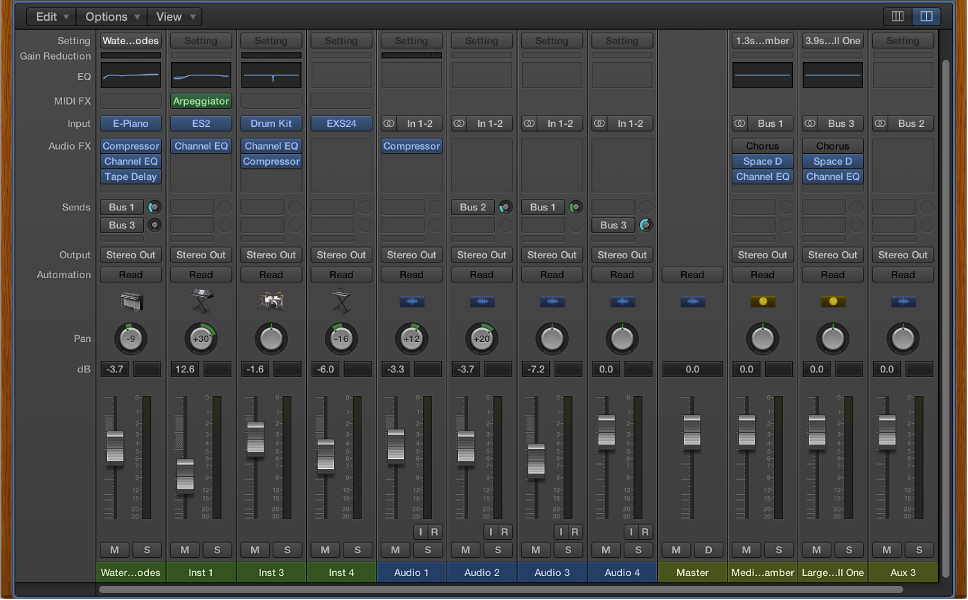 Figure. The Mixer, showing audio, software instrument, auxiliary, output, and master channel strips.