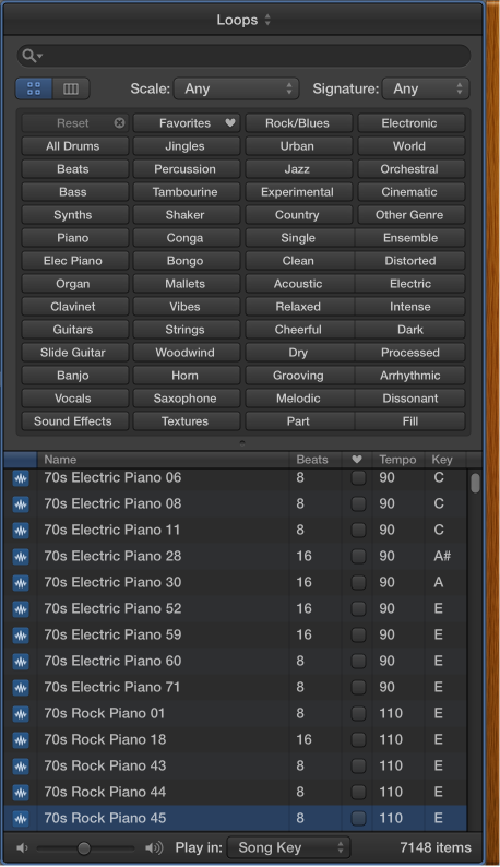 Figure. The Loop Browser, showing keyword buttons and matching loops in the Results list.