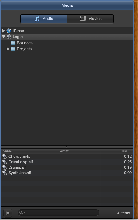 Figure. The All Files Browser, showing the Audio Files and Bounces folders, and audio files in the Logic folder.