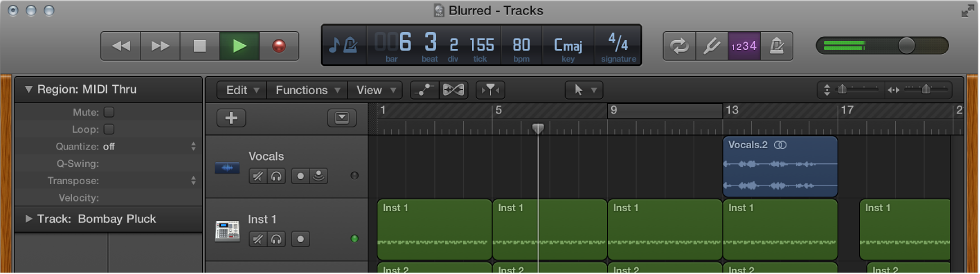 Figure. The top of the Tracks area, showing the ruler and the playhead.